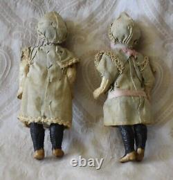 Antique Pair of Small German Bisque Head Dolls in Original Clothing