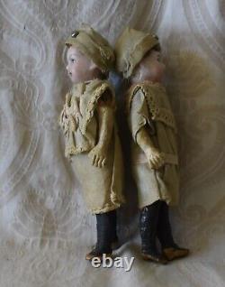 Antique Pair of Small German Bisque Head Dolls in Original Clothing