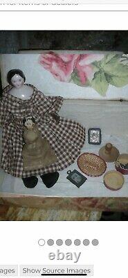 Antique Pink Tinted China Head Doll Covered Wagon Dollhouse Size 8.5 Wardrobe