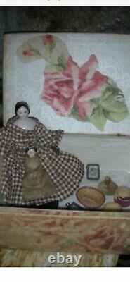 Antique Pink Tinted China Head Doll Covered Wagon Dollhouse Size 8.5 Wardrobe