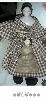Antique Pink Tinted China Head Doll Covered Wagon Dollhouse Size 8.5 Wardrobe
