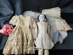 Antique Porcelain 11 Head, Hands & Leather Body Doll 18tall Linen & Lace Dress