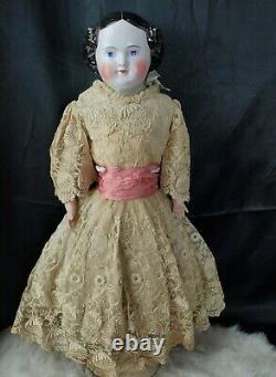 Antique Porcelain 11 Head, Hands & Leather Body Doll 18tall Linen & Lace Dress