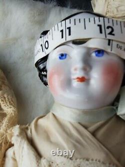 Antique Porcelain 11 Head, Hands & Leather Body Doll 18tall Linen & Lace Dress