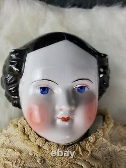 Antique Porcelain 11 Head, Hands & Leather Body Doll 18tall Linen & Lace Dress