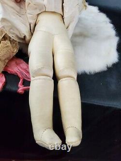 Antique Porcelain 11 Head, Hands & Leather Body Doll 18tall Linen & Lace Dress