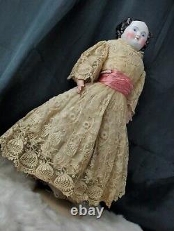 Antique Porcelain 11 Head, Hands & Leather Body Doll 18tall Linen & Lace Dress