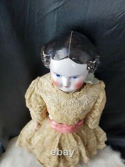 Antique Porcelain 11 Head, Hands & Leather Body Doll 18tall Linen & Lace Dress