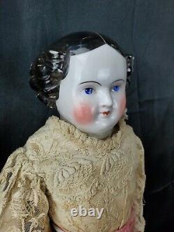 Antique Porcelain 11 Head, Hands & Leather Body Doll 18tall Linen & Lace Dress