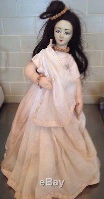 Antique Porcelain Bisque Doll Cloth Body Real Human Hair 17.5 Vintage