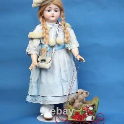 Antique Porcelain Doll 1890-1900s Eden or Julien in Silk Dress w Steiff Teddy