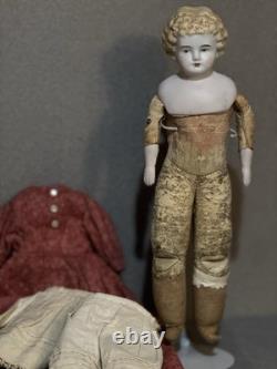 Antique Porcelain Head Doll 11 Cloth Body With Red Dress Slip, 1800s Style