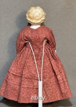Antique Porcelain Head Doll 11 Cloth Body With Red Dress Slip, 1800s Style