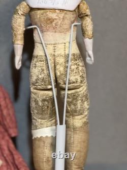 Antique Porcelain Head Doll 11 Cloth Body With Red Dress Slip, 1800s Style