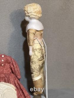 Antique Porcelain Head Doll 11 Cloth Body With Red Dress Slip, 1800s Style