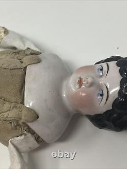 Antique Porcelain Kling China Head Doll, 16 Black Hair Cloth Body #189