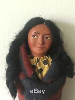 Antique Porcelain Wood 1920's Native American Indian Woman Skookum Doll