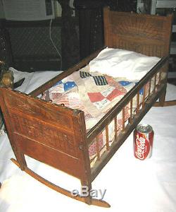 Antique Primitive American Wood Child Toy Porcelain Bisque Doll Bear Bed Crib