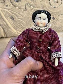 Antique Rare 7.5 High Brow China Doll Original Body Limbs Vintage Dress Clean