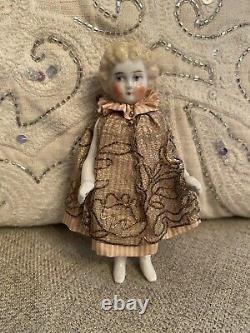 Antique Rare Large Size 4.75 Blonde Frozen Charlotte With Ornate Cape Dress