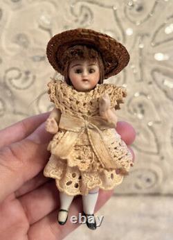 Antique Victorian German Kling All Bisque Orignal 3.5 Dollhouse Doll Glass Eyes