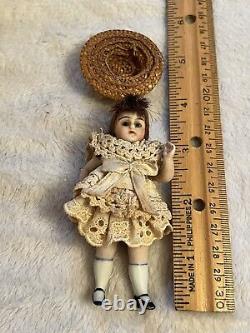 Antique Victorian German Kling All Bisque Orignal 3.5 Dollhouse Doll Glass Eyes