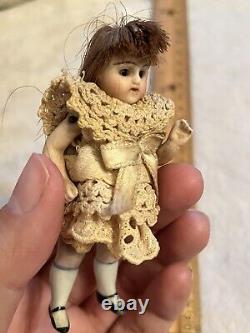 Antique Victorian German Kling All Bisque Orignal 3.5 Dollhouse Doll Glass Eyes