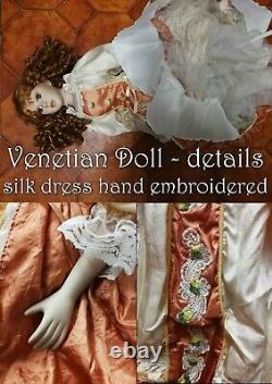 Antique doll porcelain bisque head rare vintage epoque venetian silk dress ooak