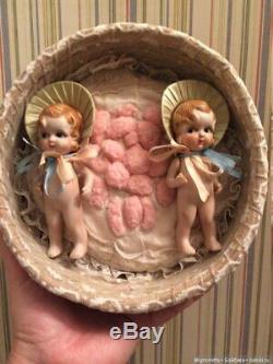 Antique vintage bisque porcelain TWINS in a wicker basket SWEET