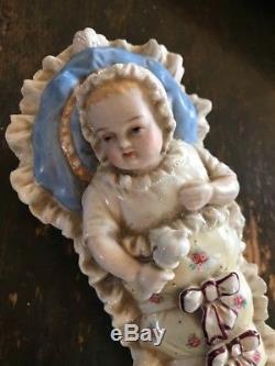 Antique vtg German Bisque porcelain swaddled Baby bunting Doll Trinket Box
