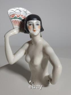 Art Deco German Porcelain Half Doll Fan Dancer Nude Lady