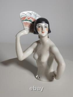 Art Deco German Porcelain Half Doll Fan Dancer Nude Lady
