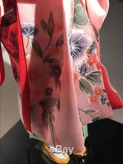 BEAUTIFUL VINTAGE JAPANESE PORCELAIN DOLL GLASS EYES SILK Pink Kimono Geisha
