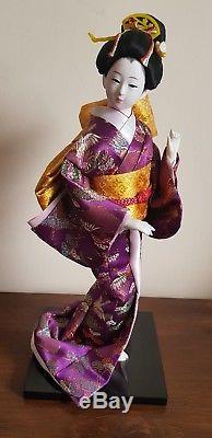 BEAUTIFUL VINTAGE JAPANESE PORCELAIN DOLL GLASS EYES SILK Purple Kimono Geisha