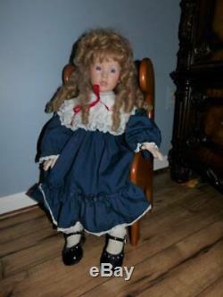 Baby girls porcelain doll dress shoes purple eyes vintage chair
