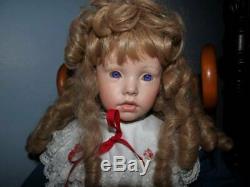 Baby girls porcelain doll dress shoes purple eyes vintage chair