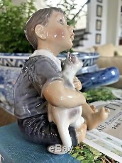 Beautiful! Vintage Copenhagen Dahl Jensen Boy w Cat 1291 Porcelain Figurine Doll