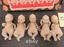 Bisque Porcelain Jointed Quintuplet Dolls Made in Japan Original Box