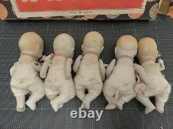 Bisque Porcelain Jointed Quintuplet Dolls Made in Japan Original Box