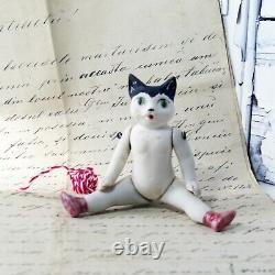 Cat Doll Antique German Hertwig Porcelain-Thüringen Black Ears Green Eyes 3.75