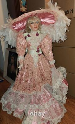Charlotte by Rustie Large Porcelain Doll Pink Victorian Dress Feathered Hat