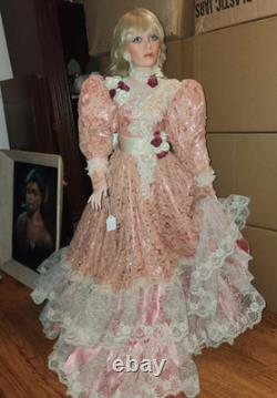 Charlotte by Rustie Large Porcelain Doll Pink Victorian Dress Feathered Hat