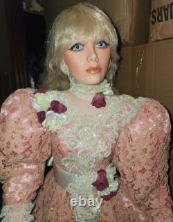 Charlotte by Rustie Large Porcelain Doll Pink Victorian Dress Feathered Hat