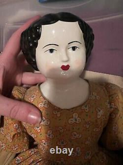 China Head Doll Flat Top Red Lips Antique Porcelain Curls Reproduction