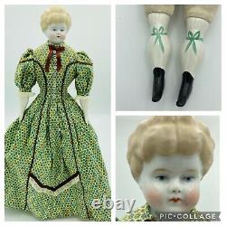 Civil War Era CHINA HEAD High Brow DOLL 15 Blond Hair Hertwig Calico Dress