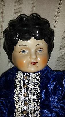 DOLL China Head & Shoulder & Limbs Cloth Body 18 Vintage Blue Velvet Dress lacy