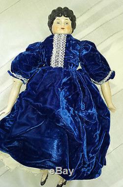 DOLL China Head & Shoulder & Limbs Cloth Body 18 Vintage Blue Velvet Dress lacy