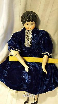 DOLL China Head & Shoulder & Limbs Cloth Body 18 Vintage Blue Velvet Dress lacy