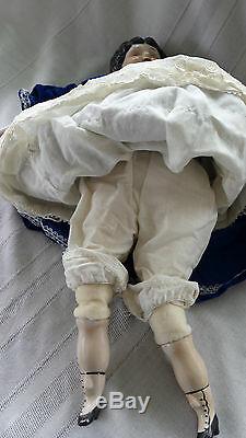 DOLL China Head & Shoulder & Limbs Cloth Body 18 Vintage Blue Velvet Dress lacy