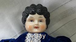 DOLL China Head & Shoulder & Limbs Cloth Body 18 Vintage Blue Velvet Dress lacy